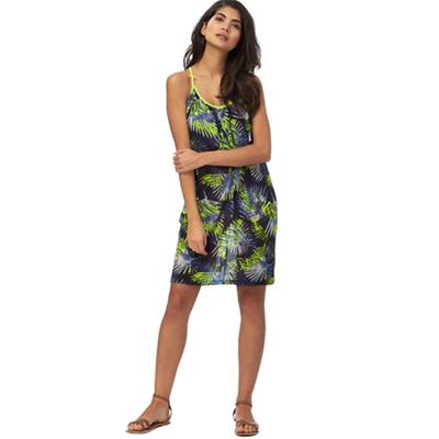 Navy and green tropical print dress